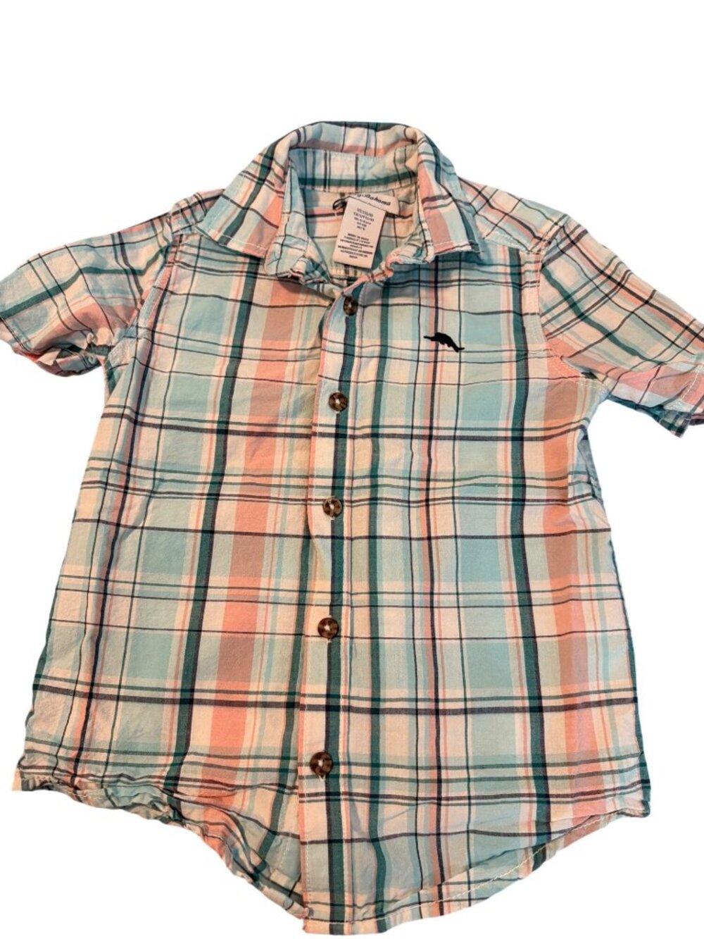Tommy Bahama Kids Plaid Button Up Shirt Peach Teal Cotton Fish Size Small 5/6